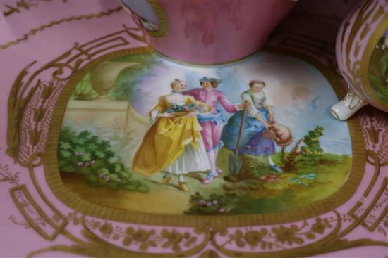 A Sevres style Pompadour pink tete à tete tea service tray 17in.